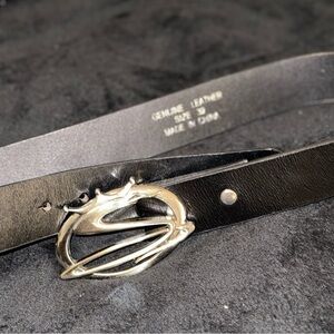 Silver Snake Buckle, Black Leather Belt for Women, Thick belt, 90s Vintage